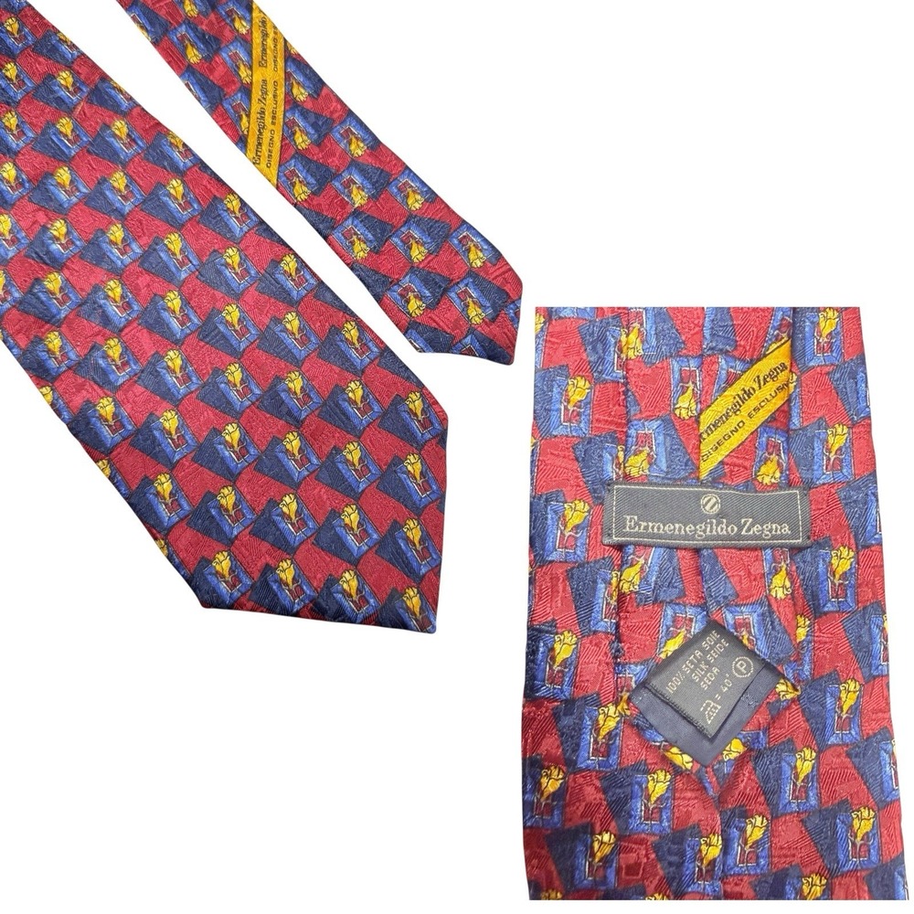 Ermenegildo Zegna Red Geometric Floral Motif Neck Tie Silk Handmade Italy
